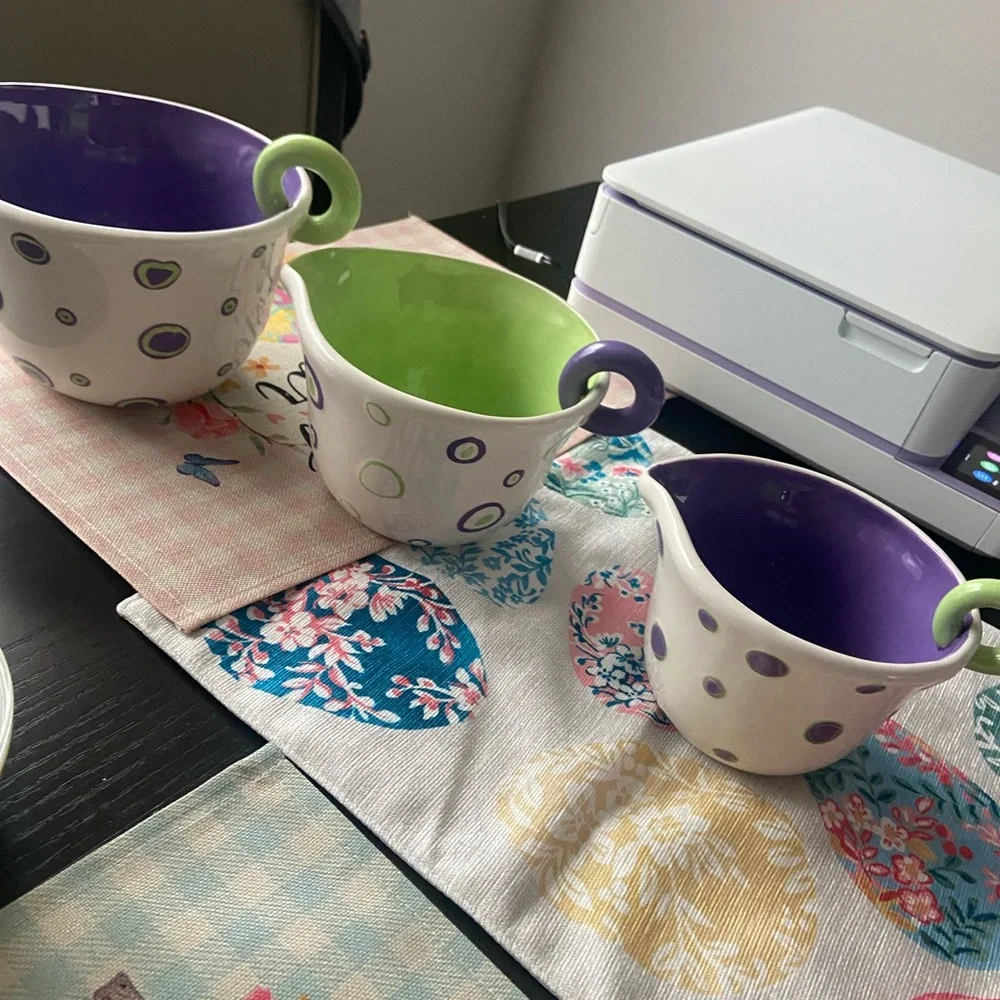 Polka Dot Ceramic measuring Bowl Set - Purple and Green